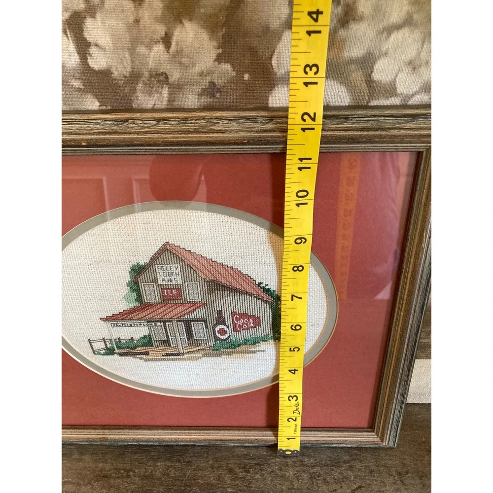 Vintage Framed Cross Stitch Americana General Store Coca-Cola Art 15x12